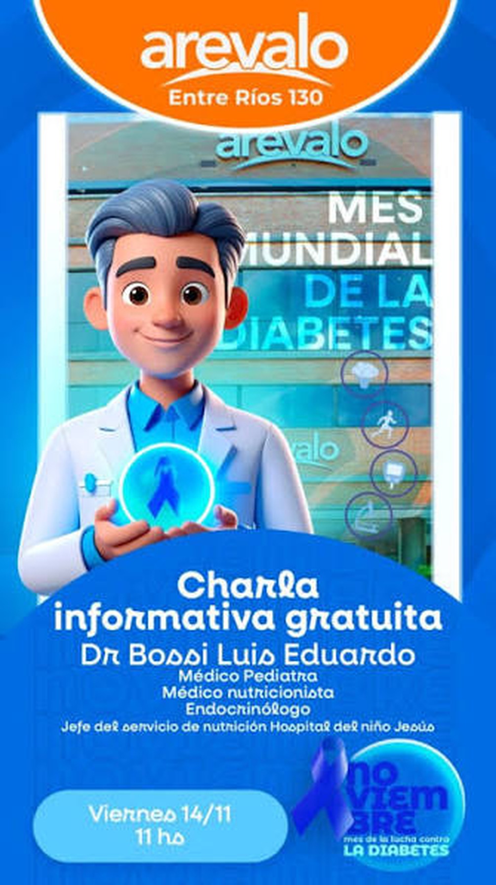 Charla informativa gratuita sobre diabetes con el Dr. Bossi Luis Eduardo, viernes 14/11 a las 11 hs