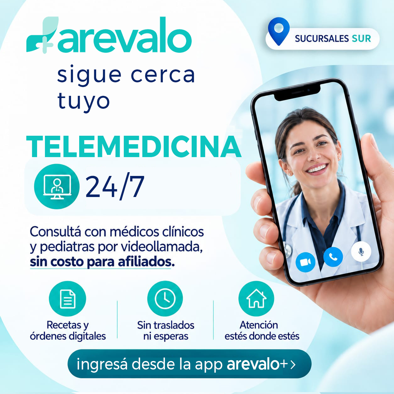 Telemedicina de AREVALO disponible las 24 horas para afiliados de las sucursales del Sur
